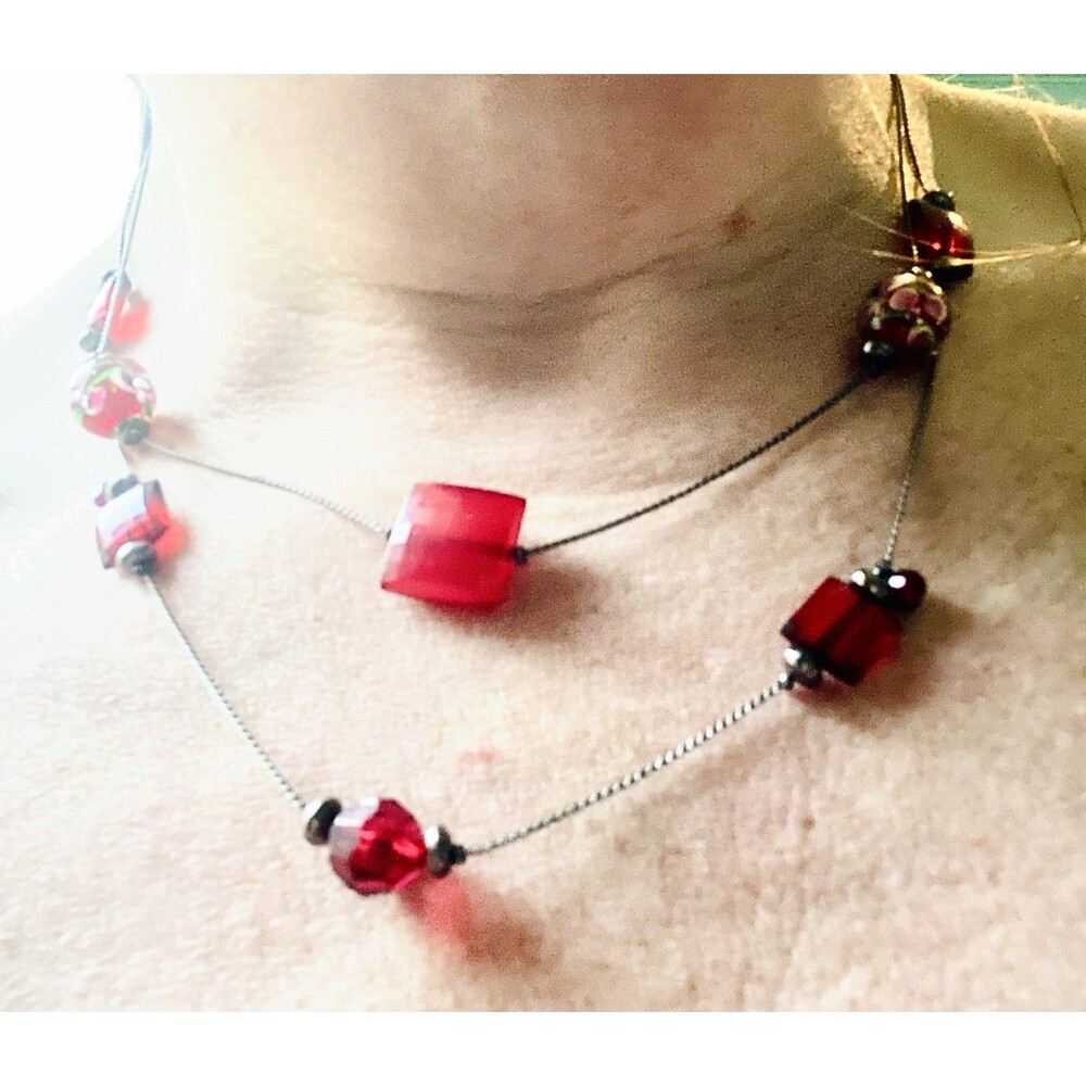 Red Murano‑Style Lampwork Bead Necklace – Mixed Shapes, Silver Chain